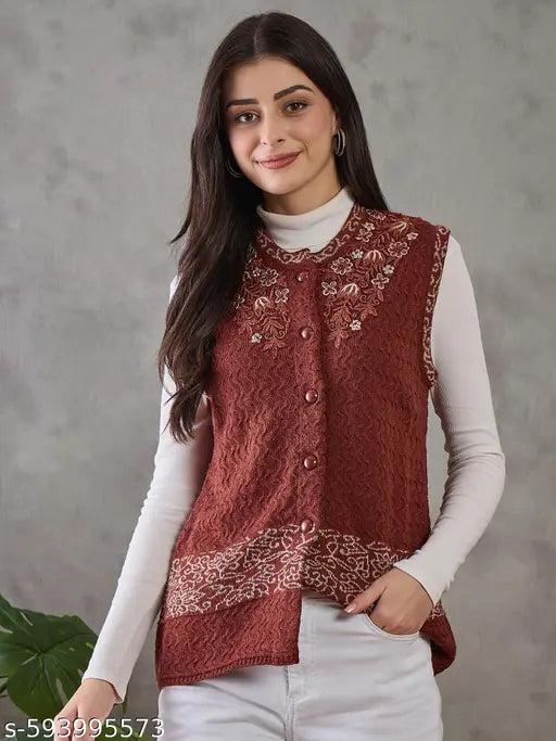 Clapton Women's Knited Sleeveless Sweater, Wool Blend, Floral Embroidered Button Front Design, Casual Winter brown