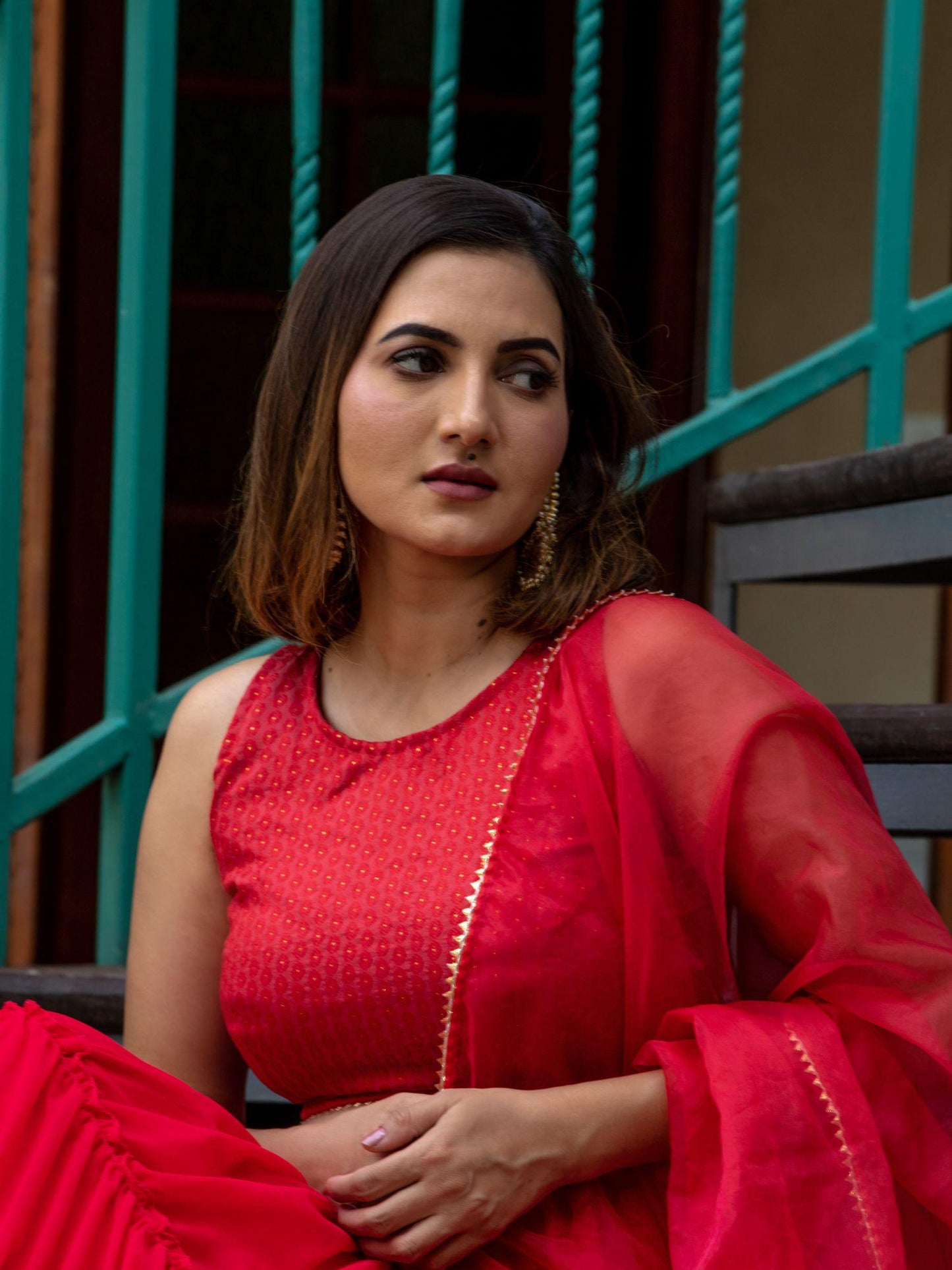 Poppies Red Tired Lehenga Set