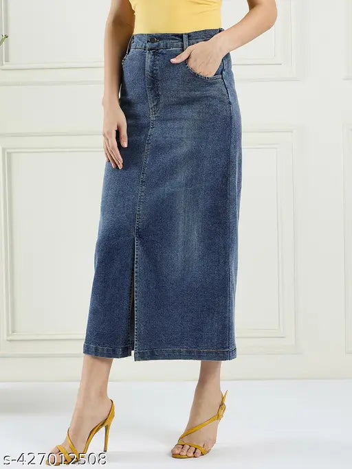 Women Solid A-Line Denim Skirt With Front Slit