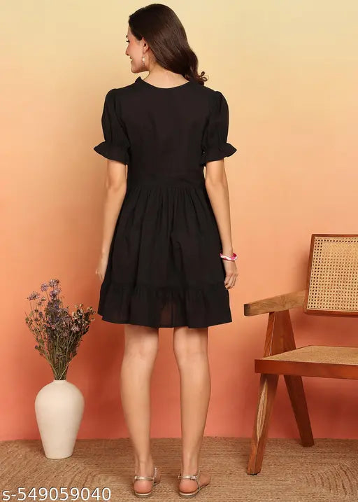 Vbuyz Women'S Black Embroidery Flare Cotton Stitched Dress