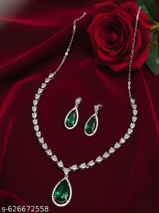 Elegant Rhodium Plated SD STONE  Necklace Set, Sleek Style Teardrop Pendant with Matching Earrings, Crystal Studded Wedding Jewelry