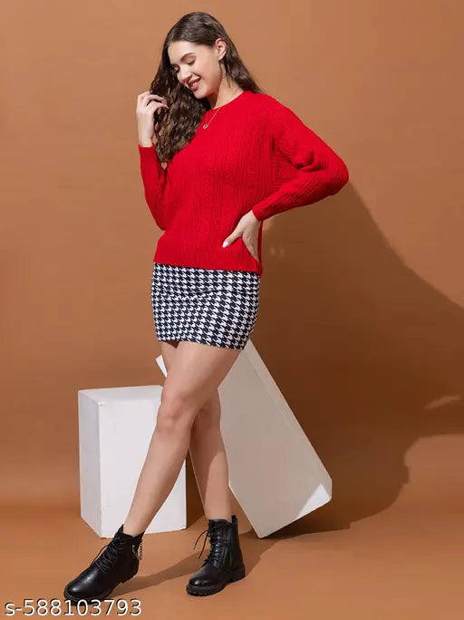 Wear lusso Women Round Neck Solid Full Sleeve Woolen Winter Pullover Red Sweater