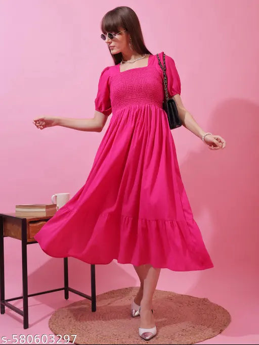 Honky Tonky Pink Solid Smocked Fit & Flare Midi Dress with Puff Sleeves