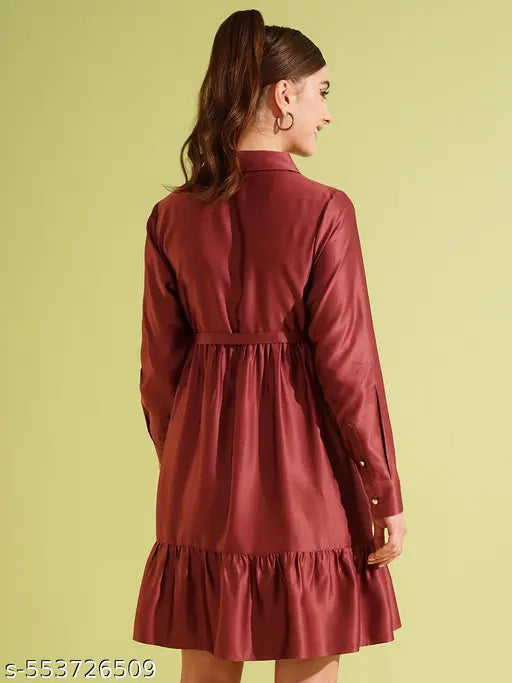 Globus Women Dusty Pink Collared Front Opening Cuffed Sleeves Fit & Flared Shirt Party Dress