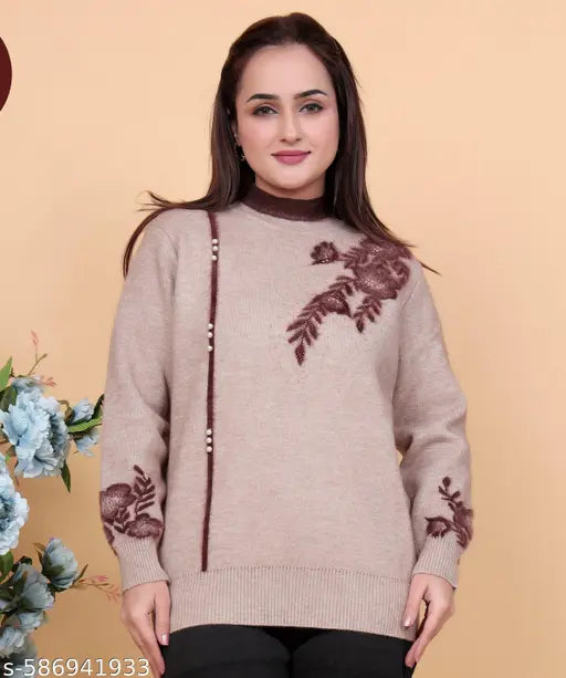 KRITI Stylish Embroidery Woollen Top Beige Color For Women