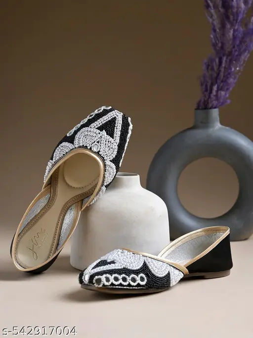 JM Looks Women's Ethnic Embllished Zardosi Beads Work Bellies Slip-On Shoes Jutti Flat Shoes Punjabi Jutti Mojari for Wedding Party Occasion - Black