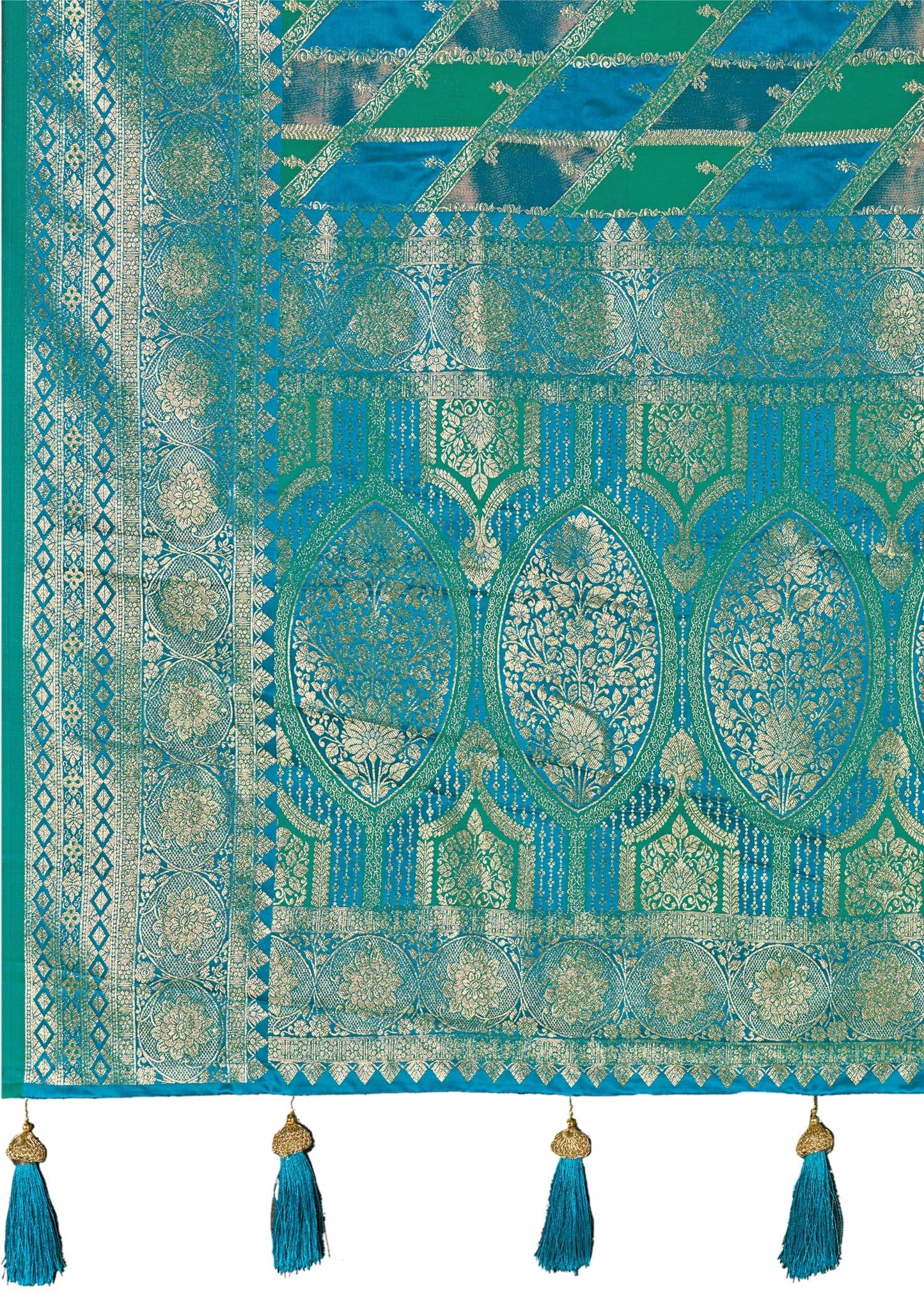 MANOHARI Women's Most Trendy Banarasi Satin Silk Woven Turquiose Blue Saree With Heavy Jacquard Work Saree With Blouse Piece_MN2042