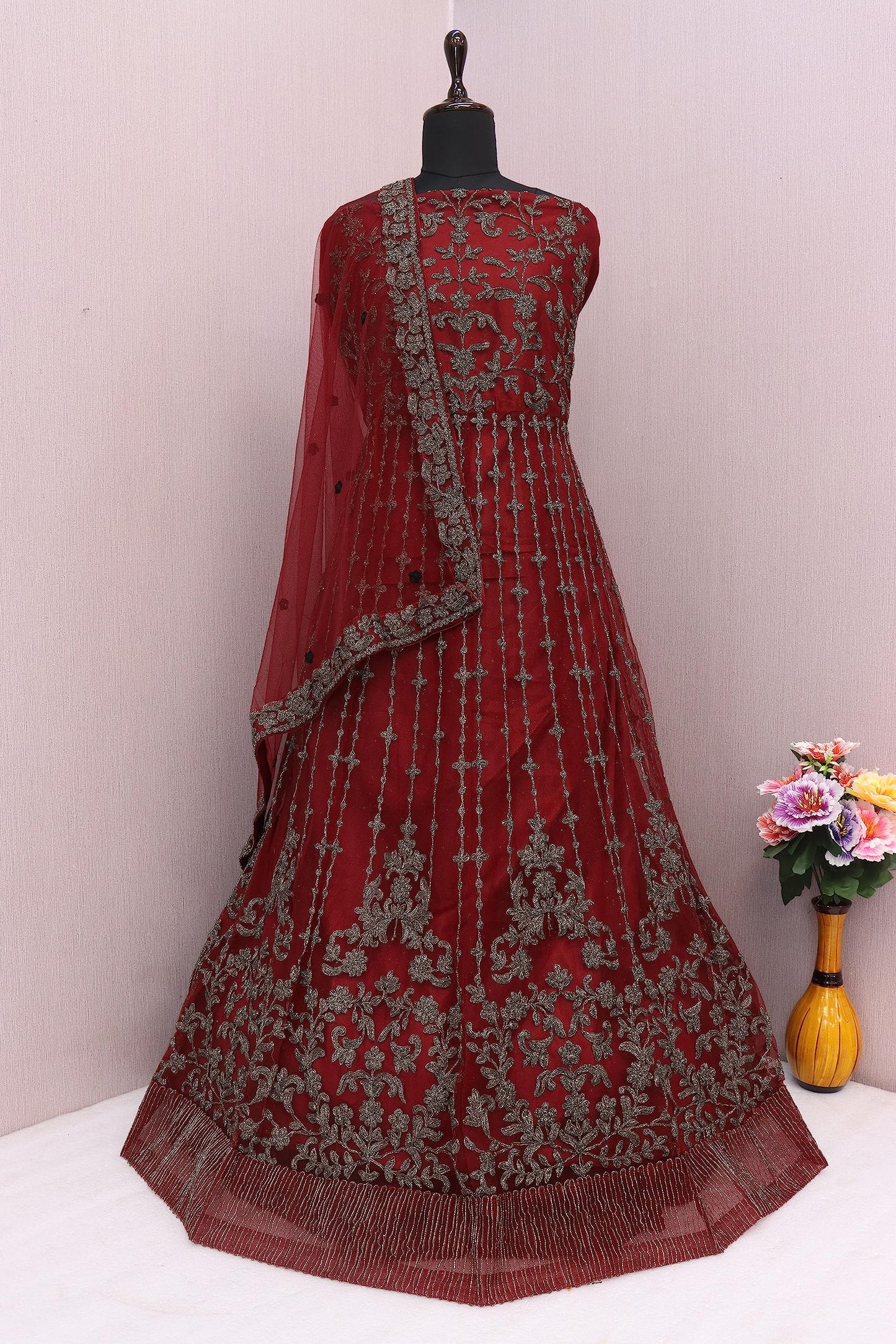RUDRAPRAYAG Net and Santoon Long Anarkali Gown for Women | Semi Stitched Anarkali Gown for Women | Gown in Clothing & Accessories Maroon