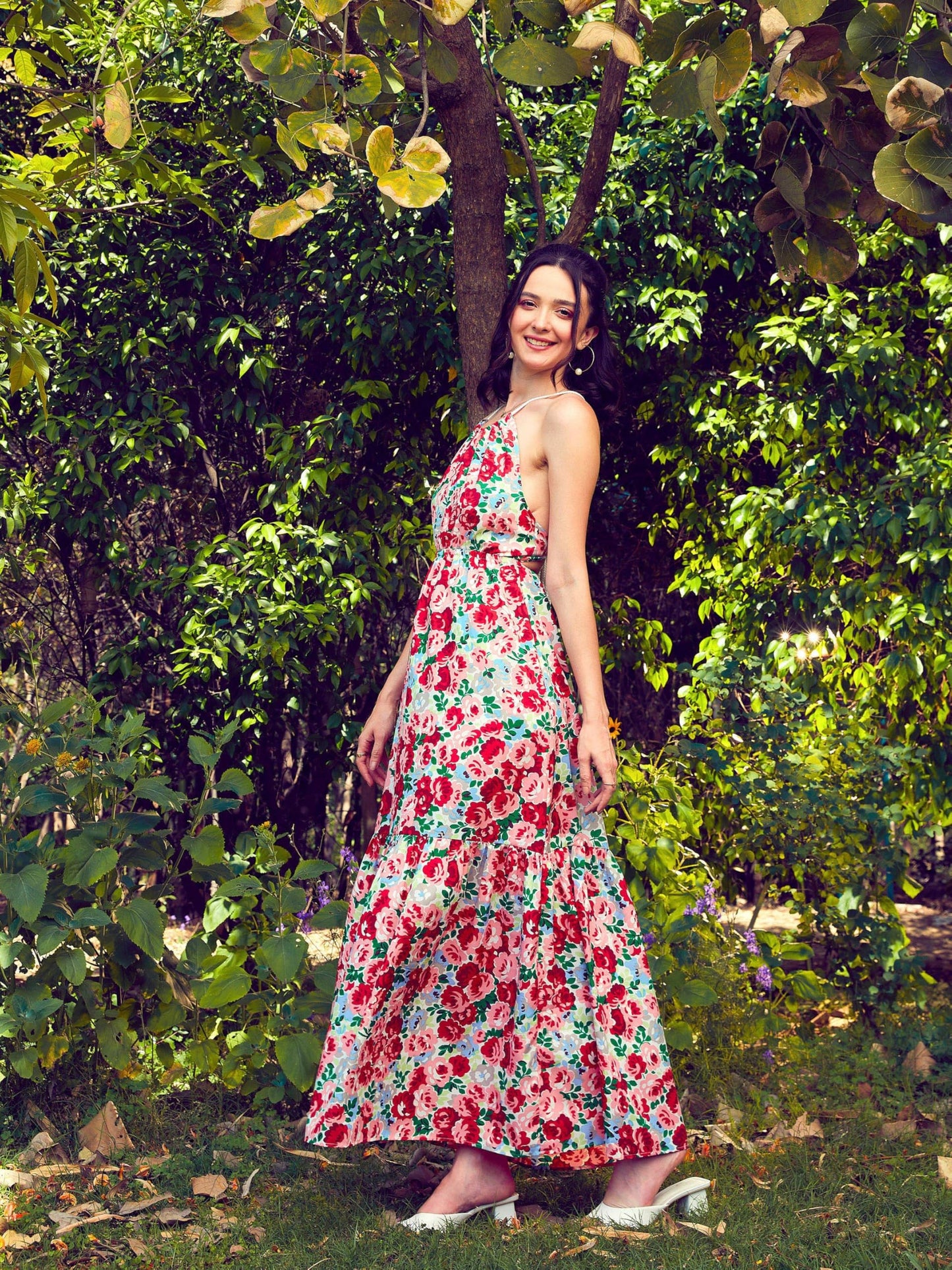 SASSAFRAS Women's Poly Crepe Maxi Full Length Casual Dress (SFDRSS11308_Red