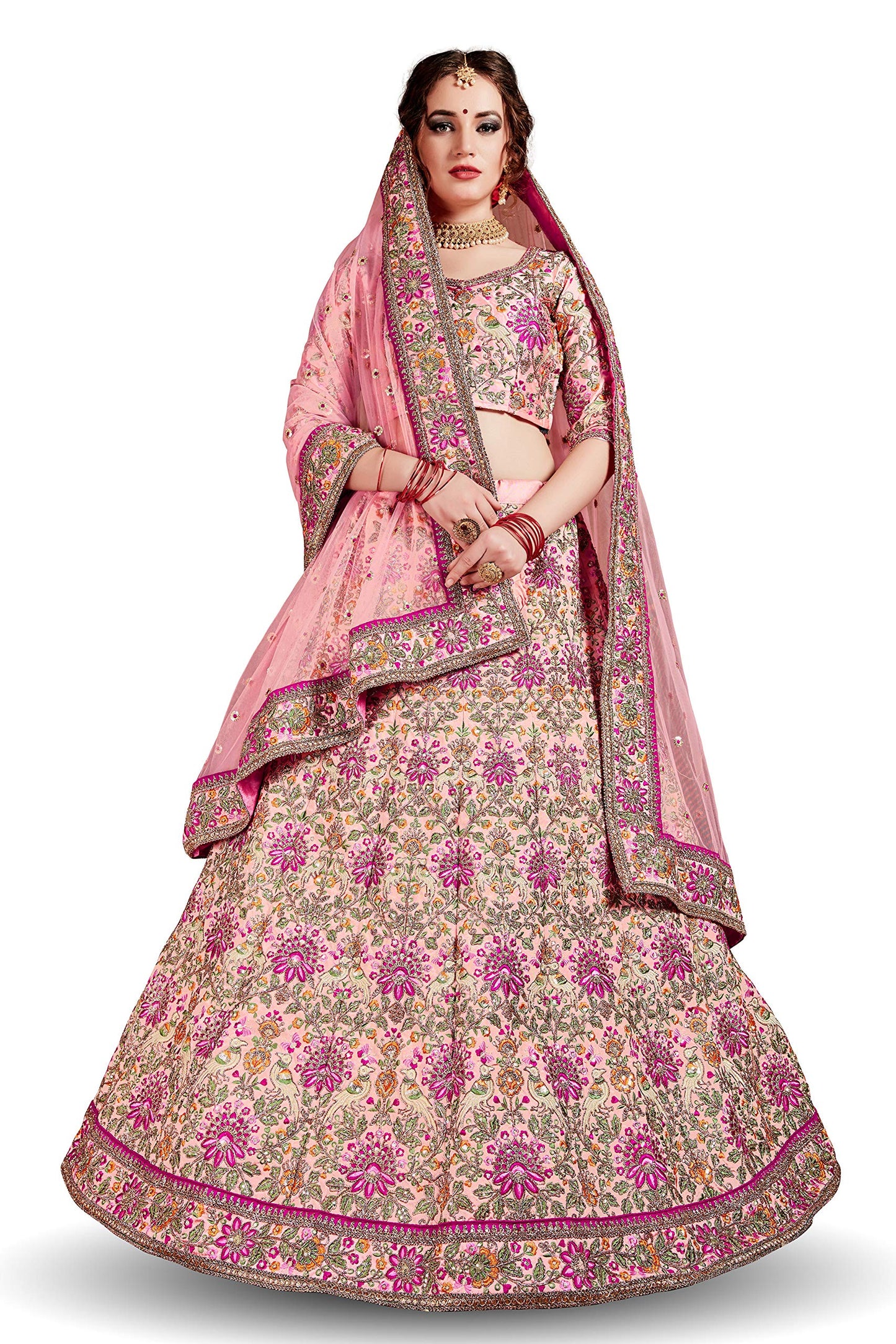 Zeel Clothing Women's Silk Semi stitched Lehenga Choli (7035-Peach-Wedding-Bridal-Heavy-Lehenga_Peach_Free Size)