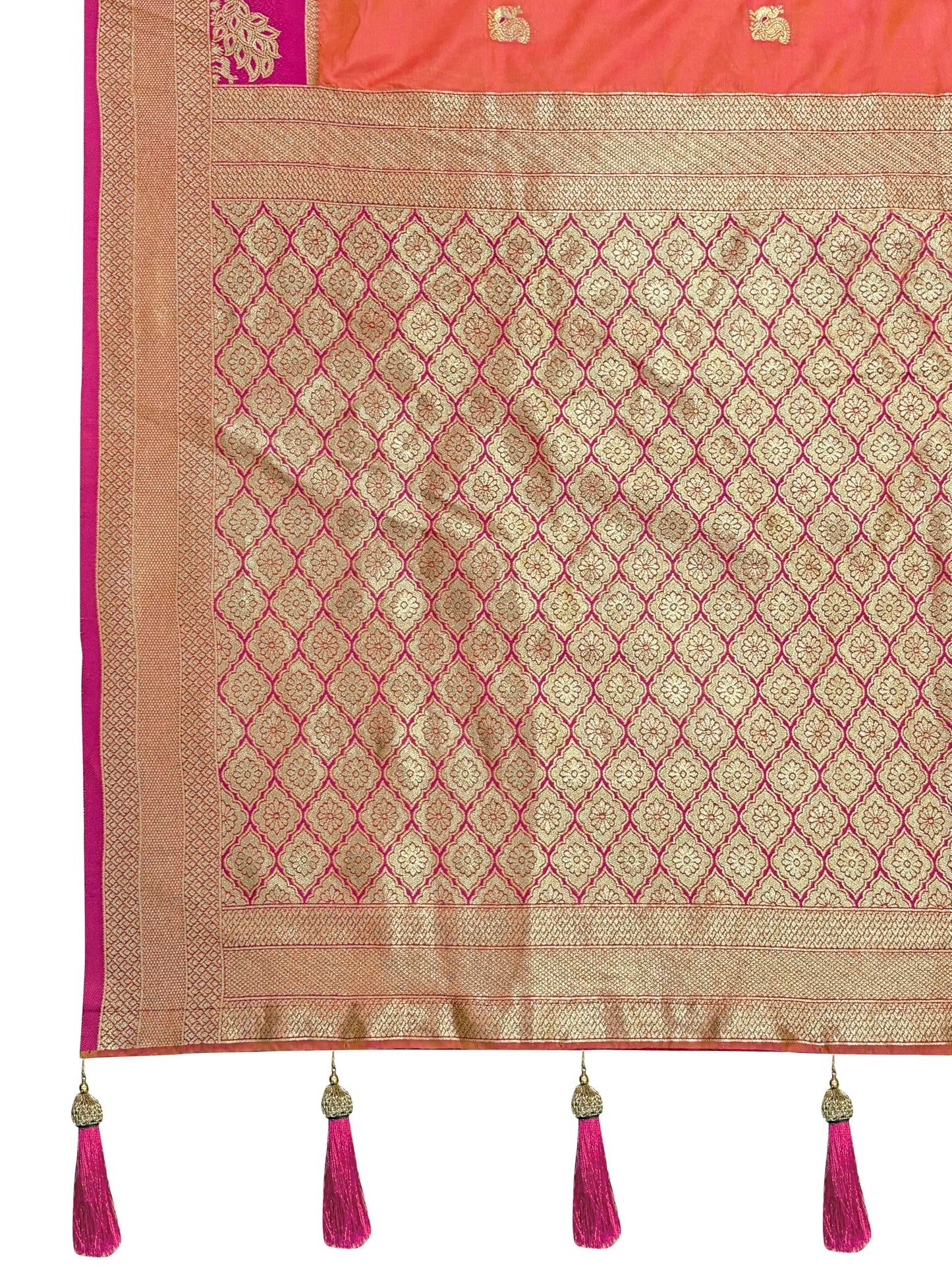 MANOHARI Women's Most Trendy Banarasi Satin Silk Woven Coral Orange Animal Design Pattern Pattern Saree With Heavy Jacquard Work Saree With Blouse Piece_MN2040