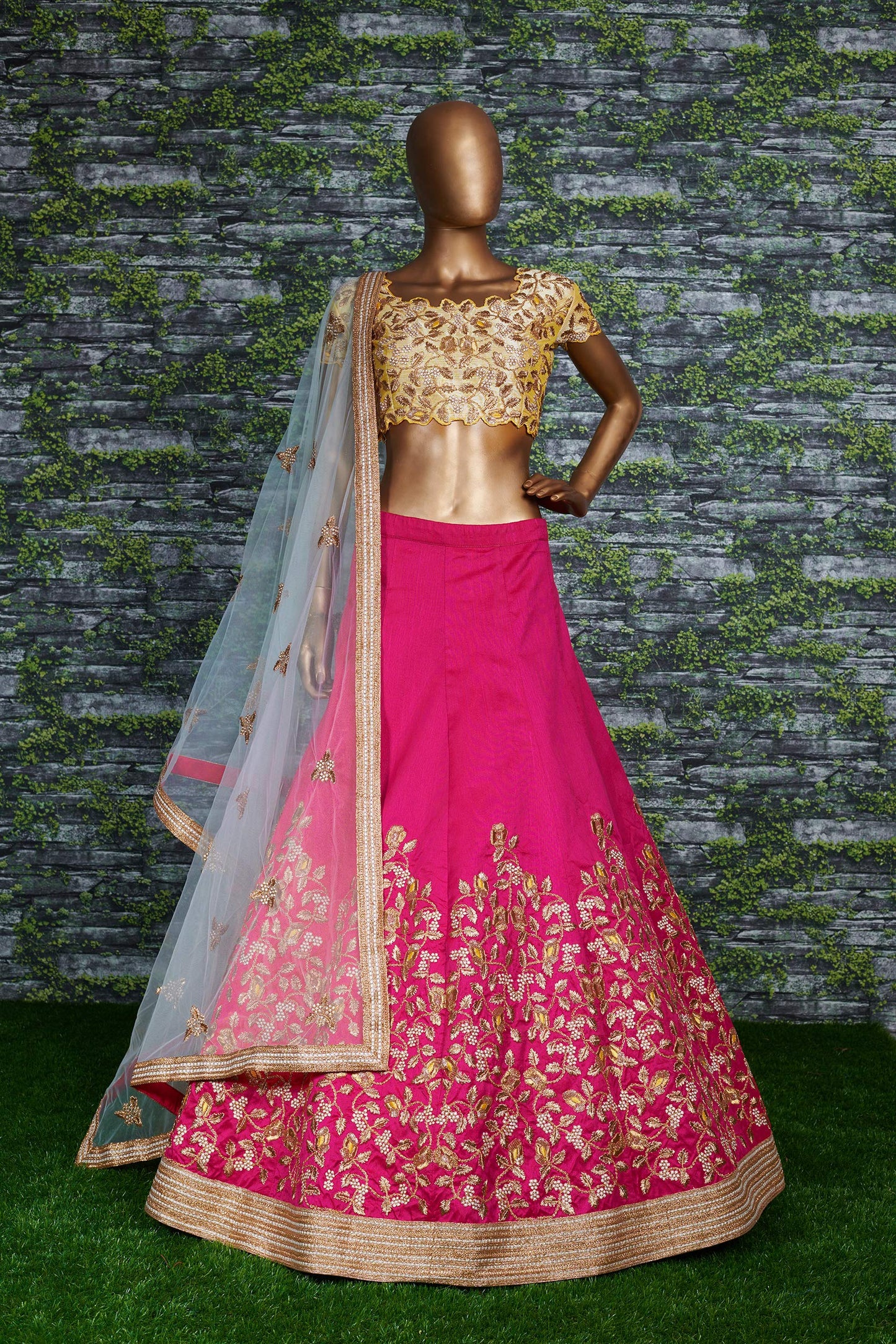 Zeel Clothing Women's Faux Silk Dress Material Semi-Stitched Lehenga Choli (7045-Yellow-Pink-New_Yellow & Pink_Free Size), Customizable Length