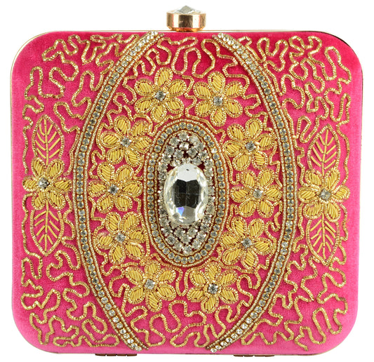 TOOBA Women's Oval Stone Square Box Clutch (Hot Pink, rani oval stone 6x6)