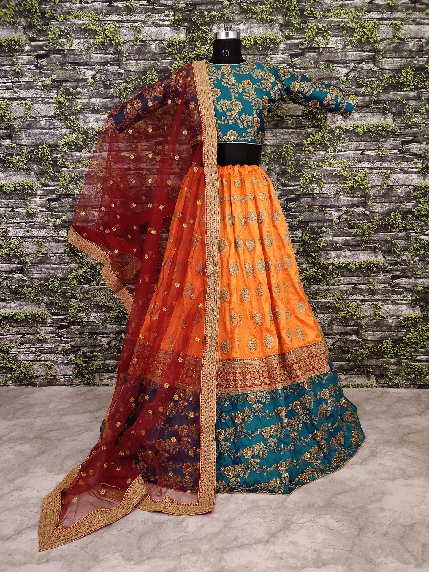 Zeel Clothing Women Faux Silk Lehenga Choli Semi-Stitched Green & Yellow Free Size