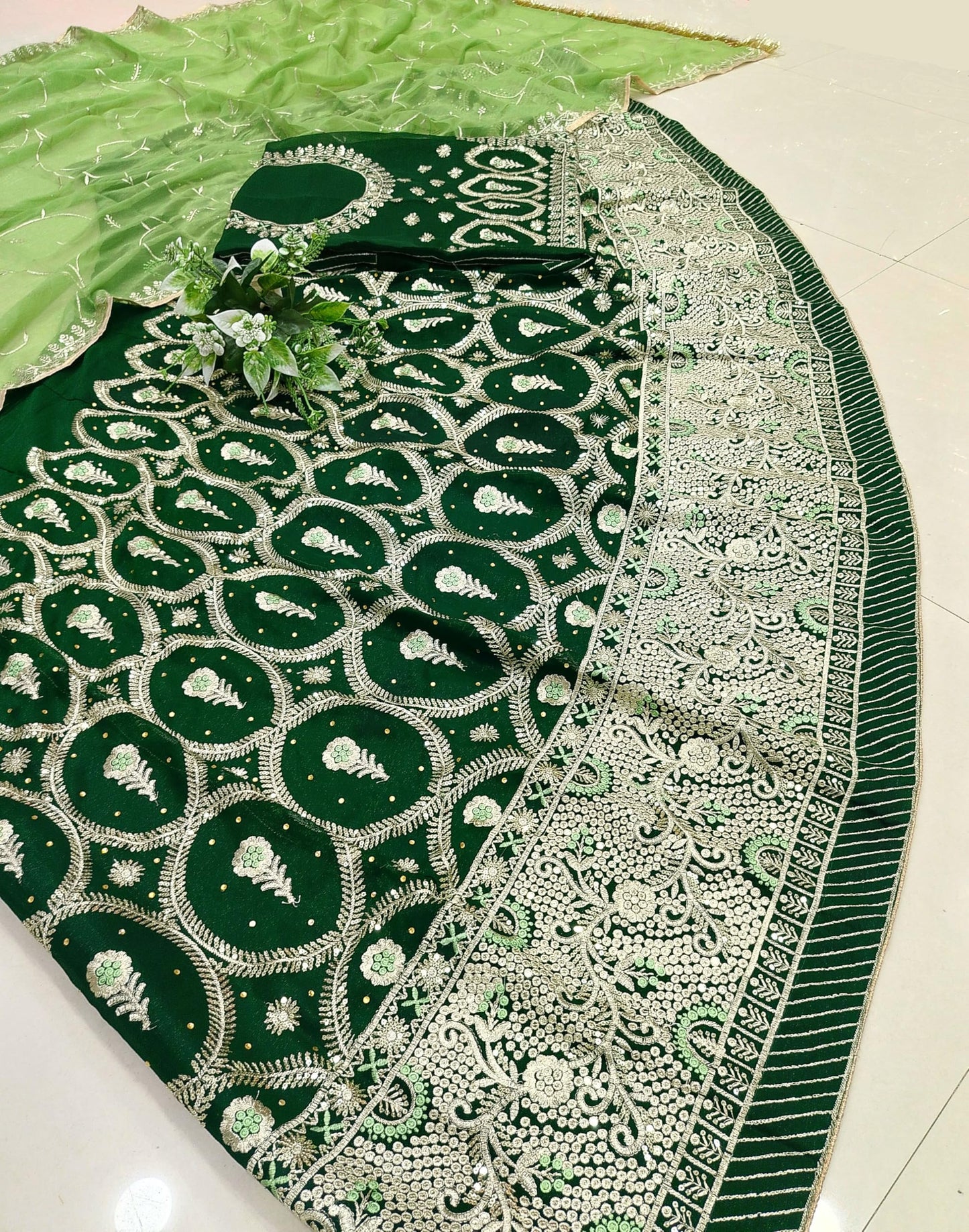 SHYAMLATA Latest Heavy Embroidery Work Semi Stitched Shimmer Silk Rajputi Poshak For Women Rajasthani Lehenga Choli (Green E)