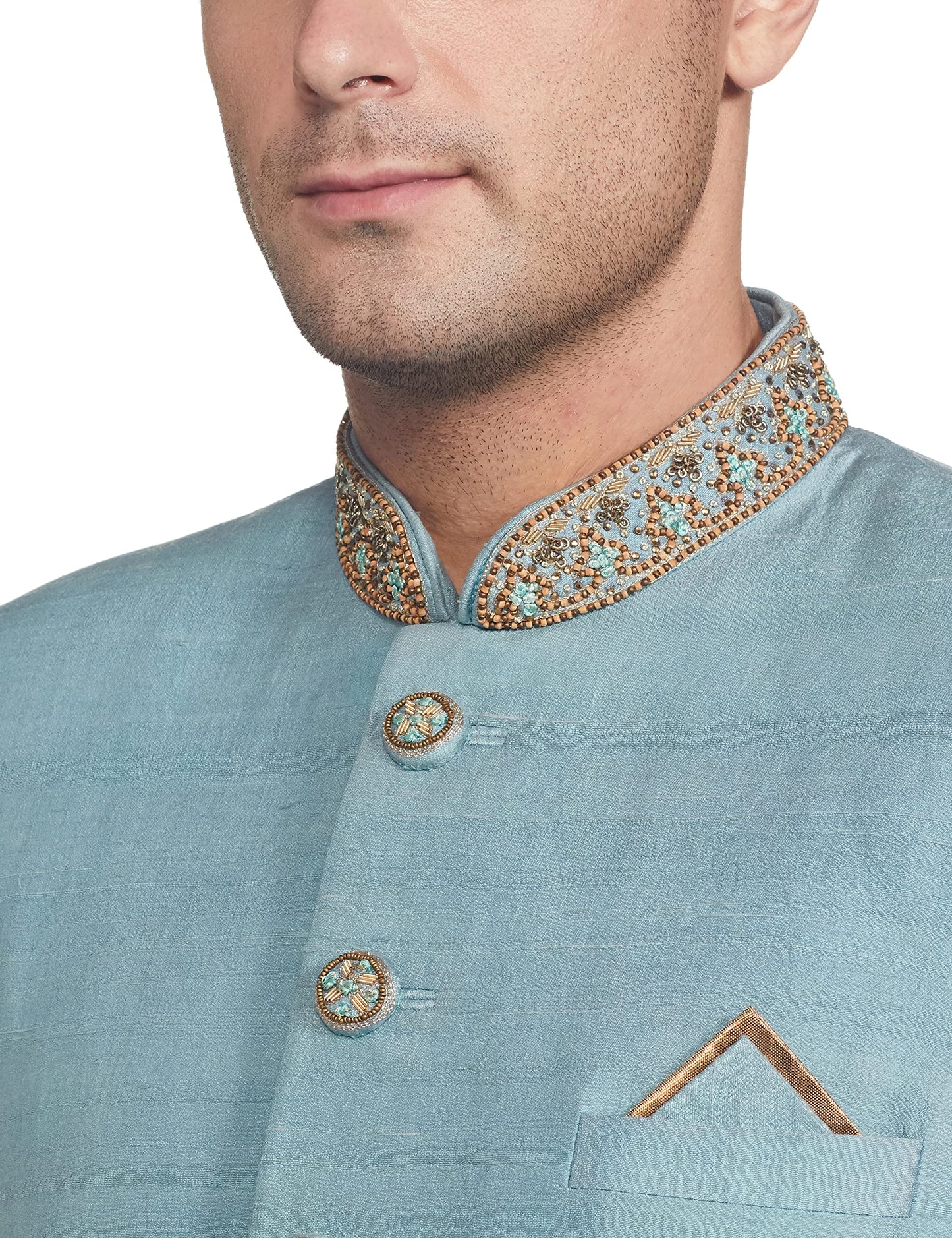 Ethnix Men's Bead EMB. Sherwani with Churidar Jacket (RTSB00135-B4_Medium Blue_96)