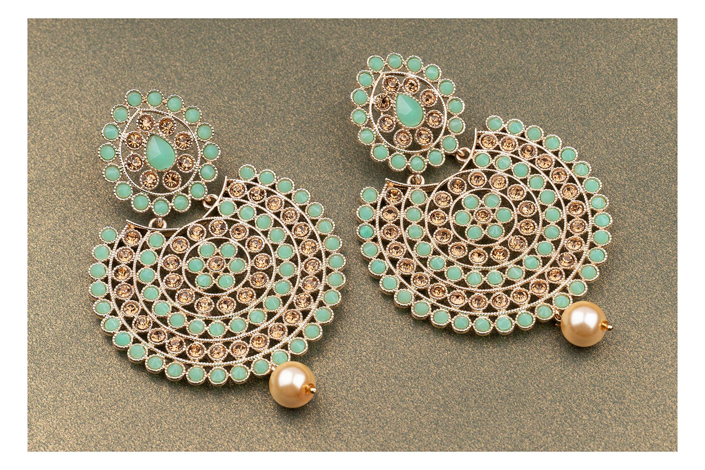 JFL - Jewellery for Less Gold Tone LCD Diamond and Polki stone Studded with Pearl Drop Chandbali Earrings for women and Girls (Mint Green),Valentine