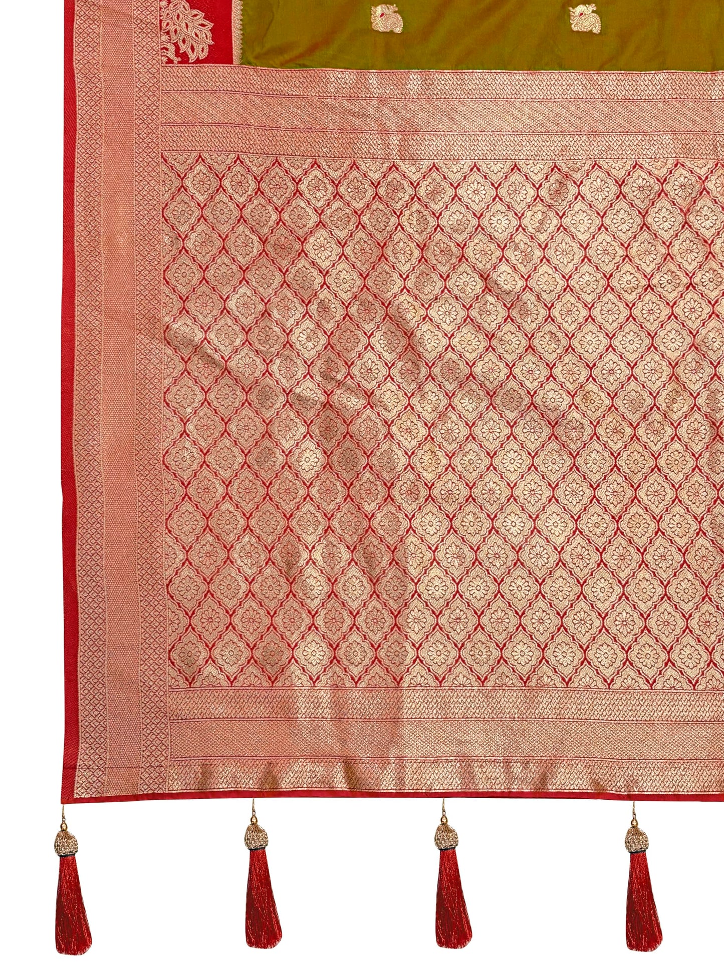 MANOHARI Women's Most Trendy Banarasi Satin Silk Woven Olive Green Animal Design Pattern Pattern Saree With Heavy Jacquard Work Saree With Blouse Piece_MN2037