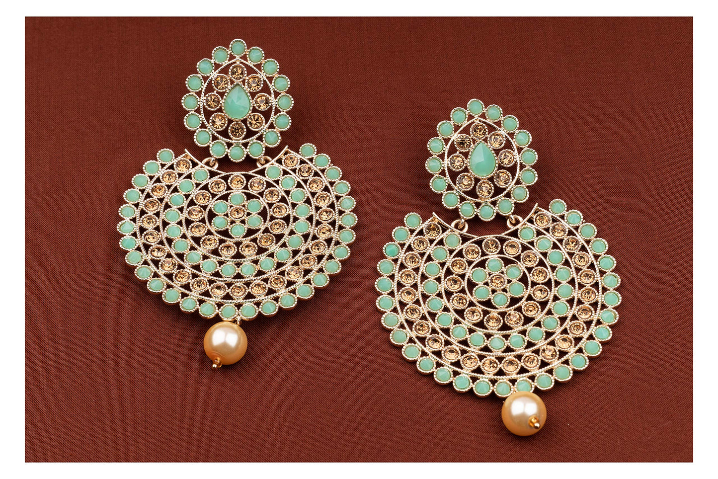 JFL - Jewellery for Less Gold Tone LCD Diamond and Polki stone Studded with Pearl Drop Chandbali Earrings for women and Girls (Mint Green),Valentine