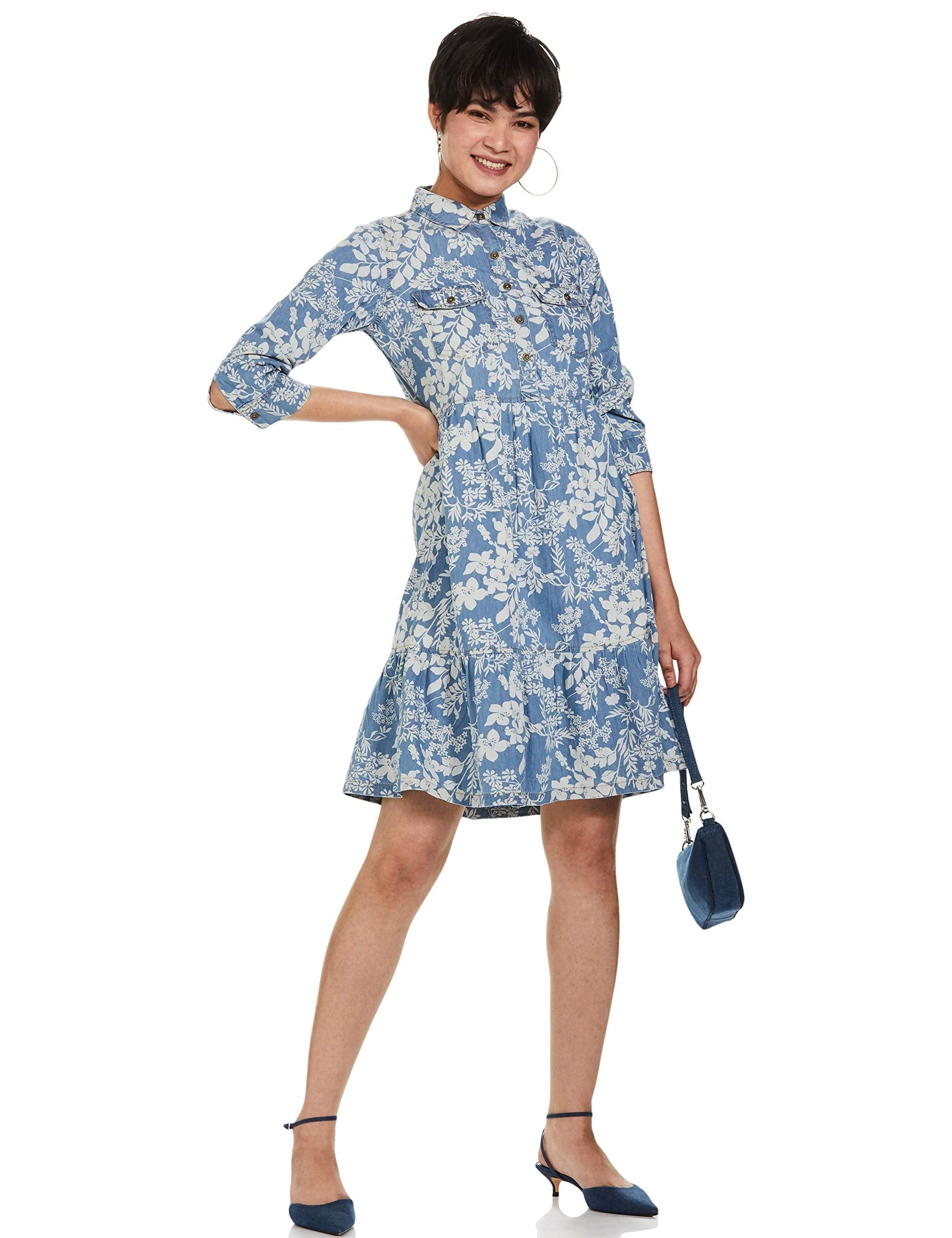 AND Women's Cotton Mini A-Line Dress (M.Blue) 