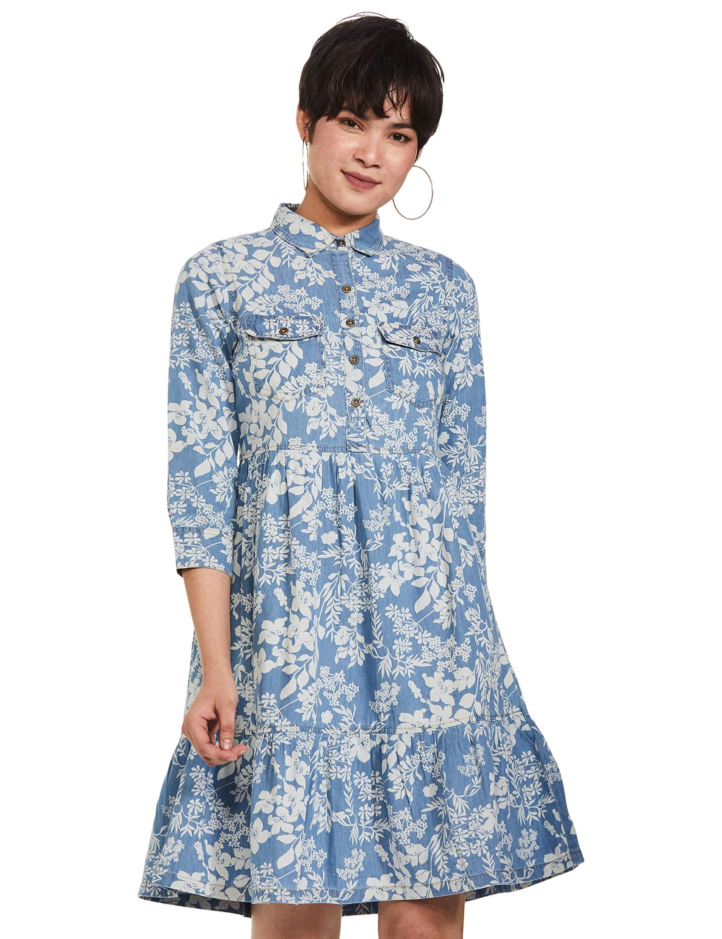 AND Women's Cotton Mini A-Line Dress (M.Blue) 