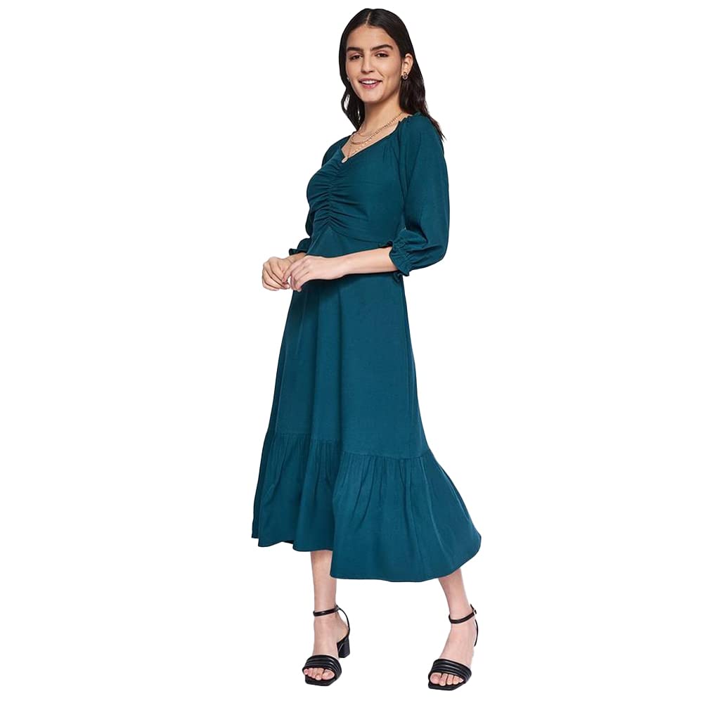 AND Women's Polyester Fit Flare Calf Length Dress (Green) 