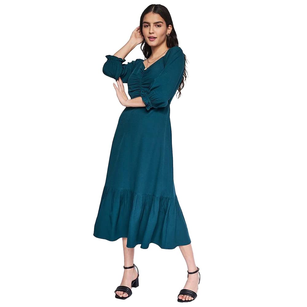 AND Women's Polyester Fit Flare Calf Length Dress (Green) 