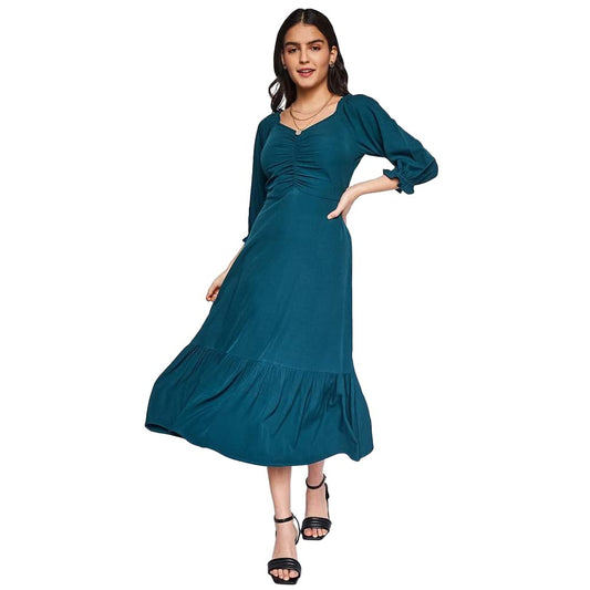 AND Women's Polyester Fit Flare Calf Length Dress (Green) 