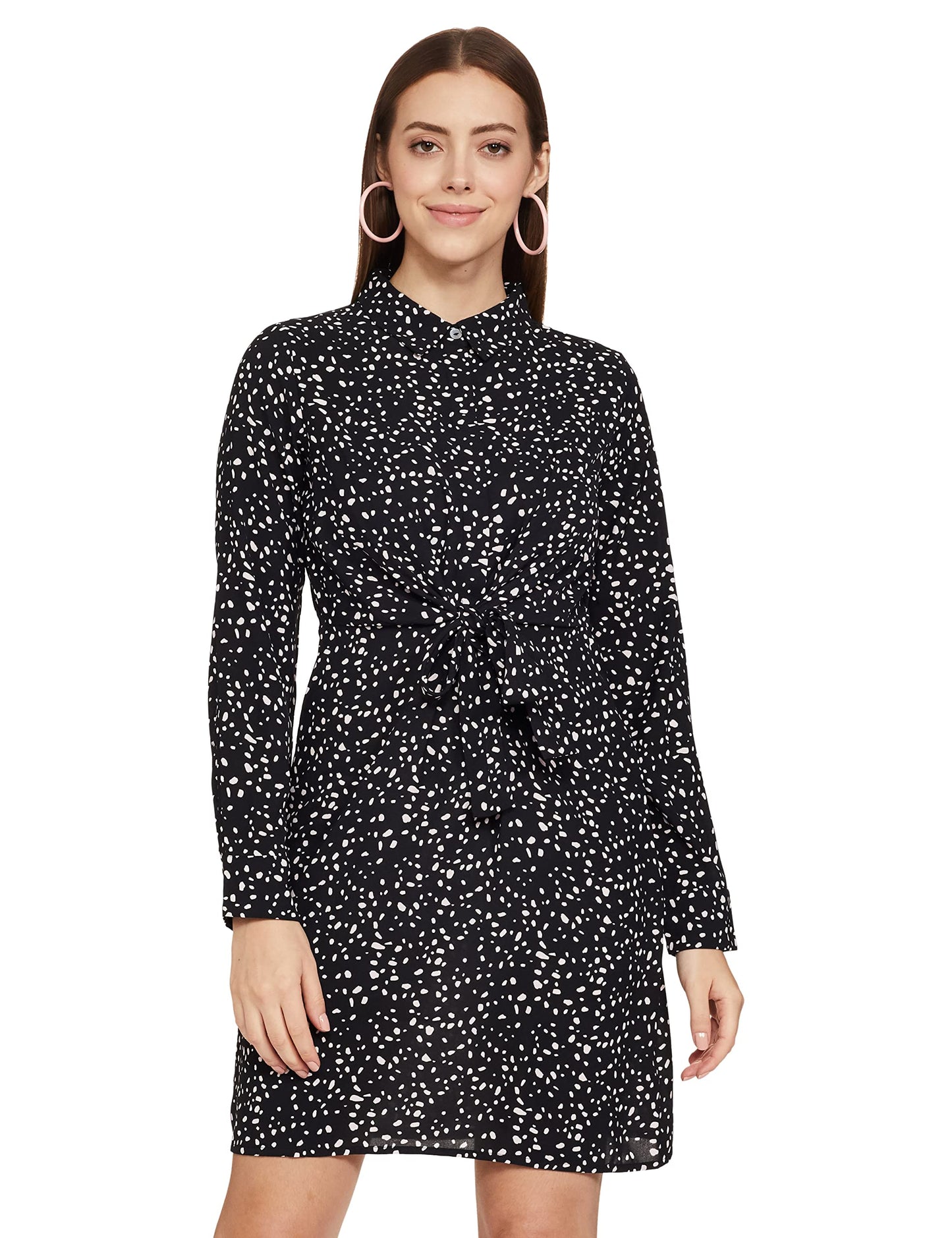 AND Women's Polyester Shirt Knee-Length Dress (Black) 