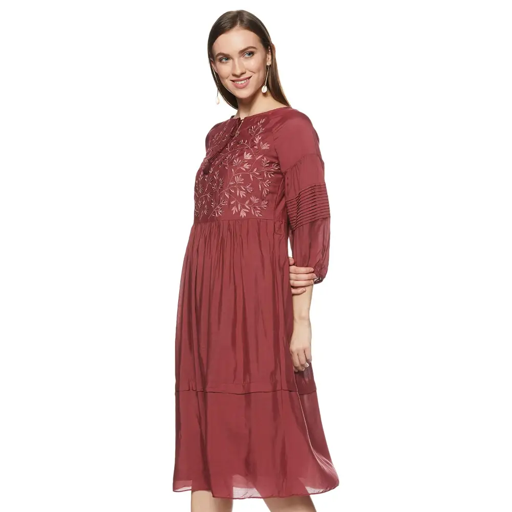 AND Women's Rayon A-Line Midi Dress (Brown) 