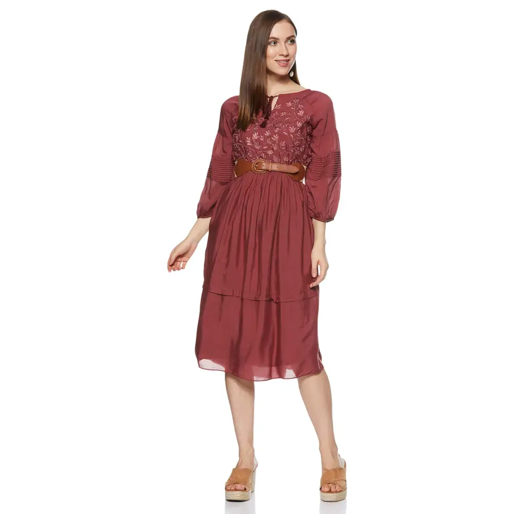 AND Women's Rayon A-Line Midi Dress (Brown) 