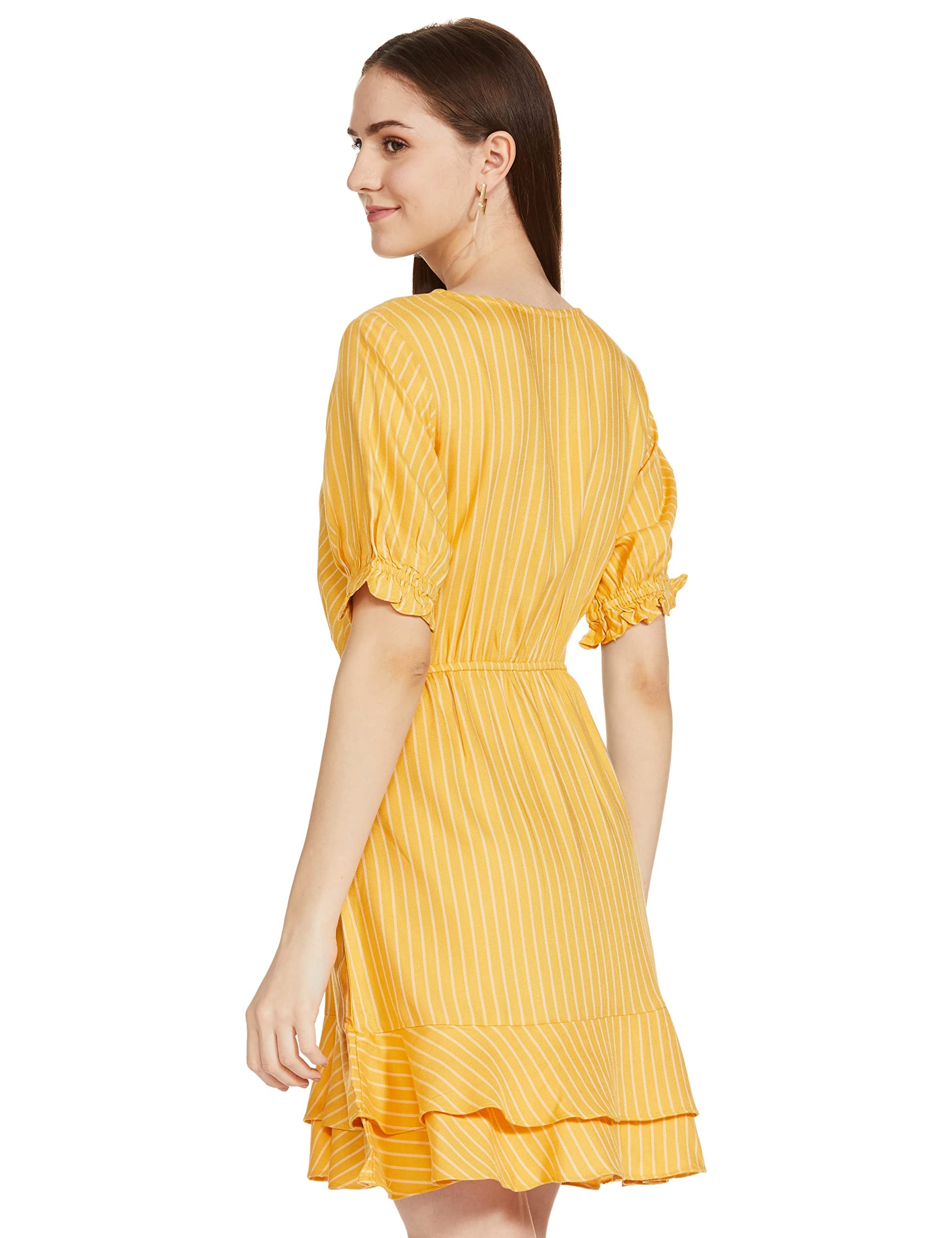 AND Women's Viscose Wrap Knee-Length Dress (Yellow) 