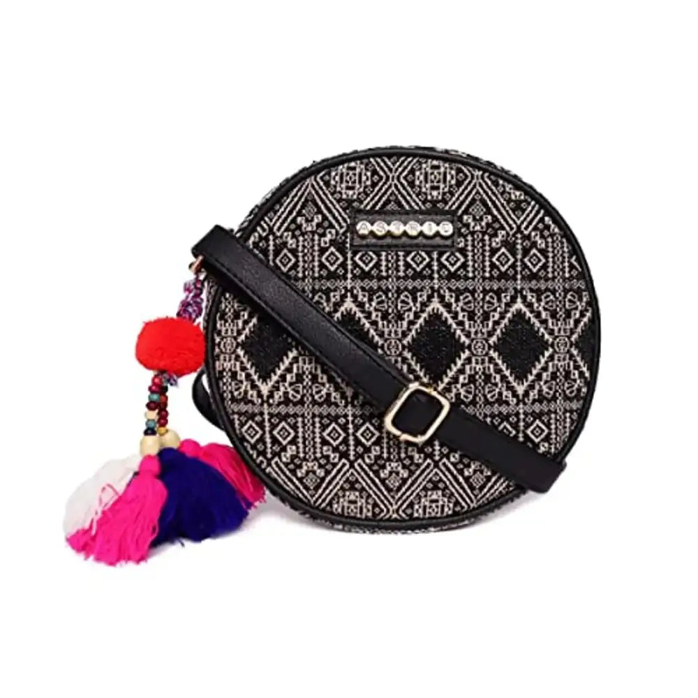 ASTRID Round Sling Bag With Pompoms For Girls And Women (black) 