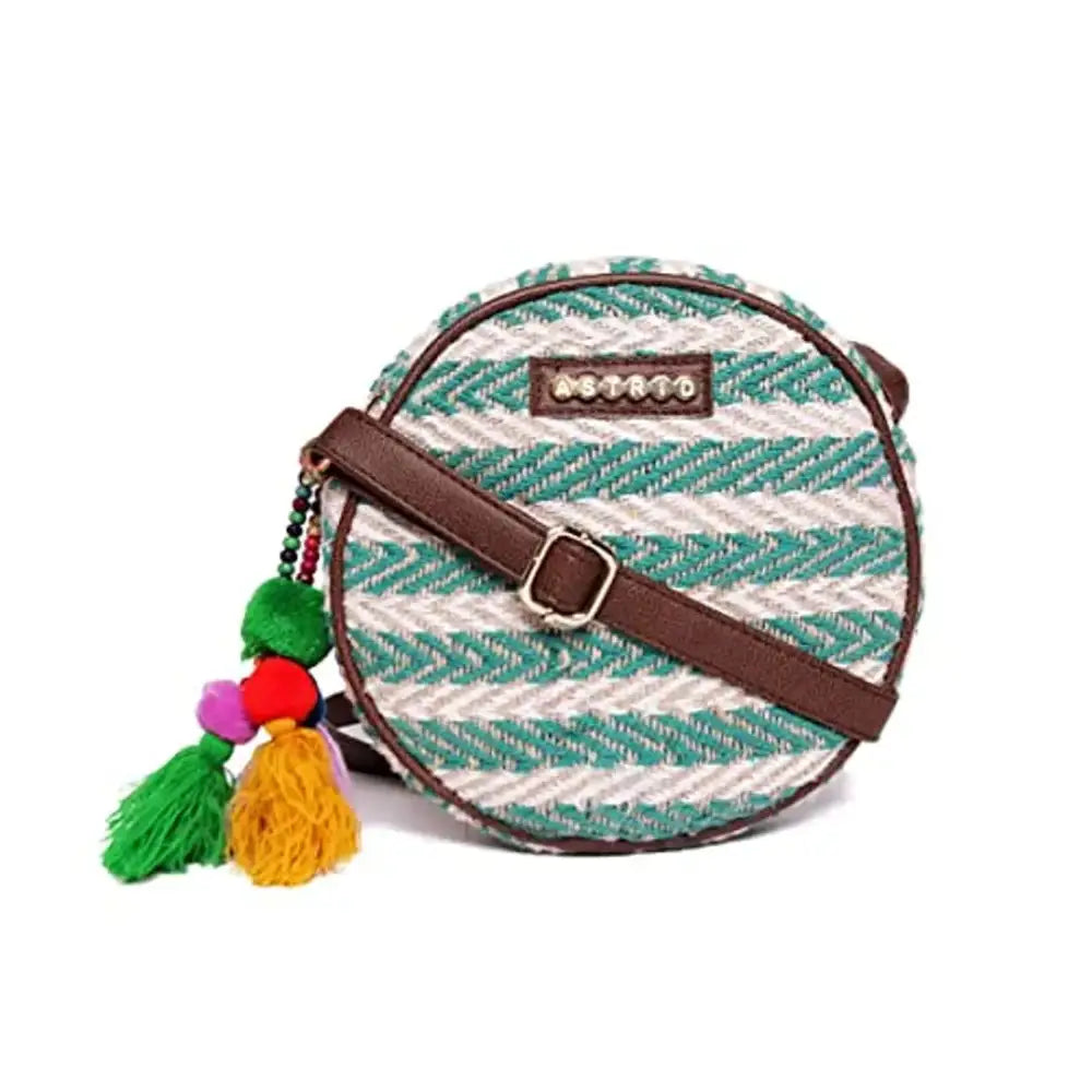 ASTRID Round Sling Bag With Pompoms For Girls And Women (green) 