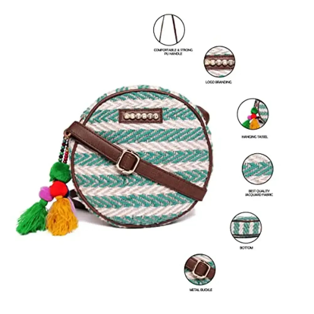 ASTRID Round Sling Bag With Pompoms For Girls And Women (green) 