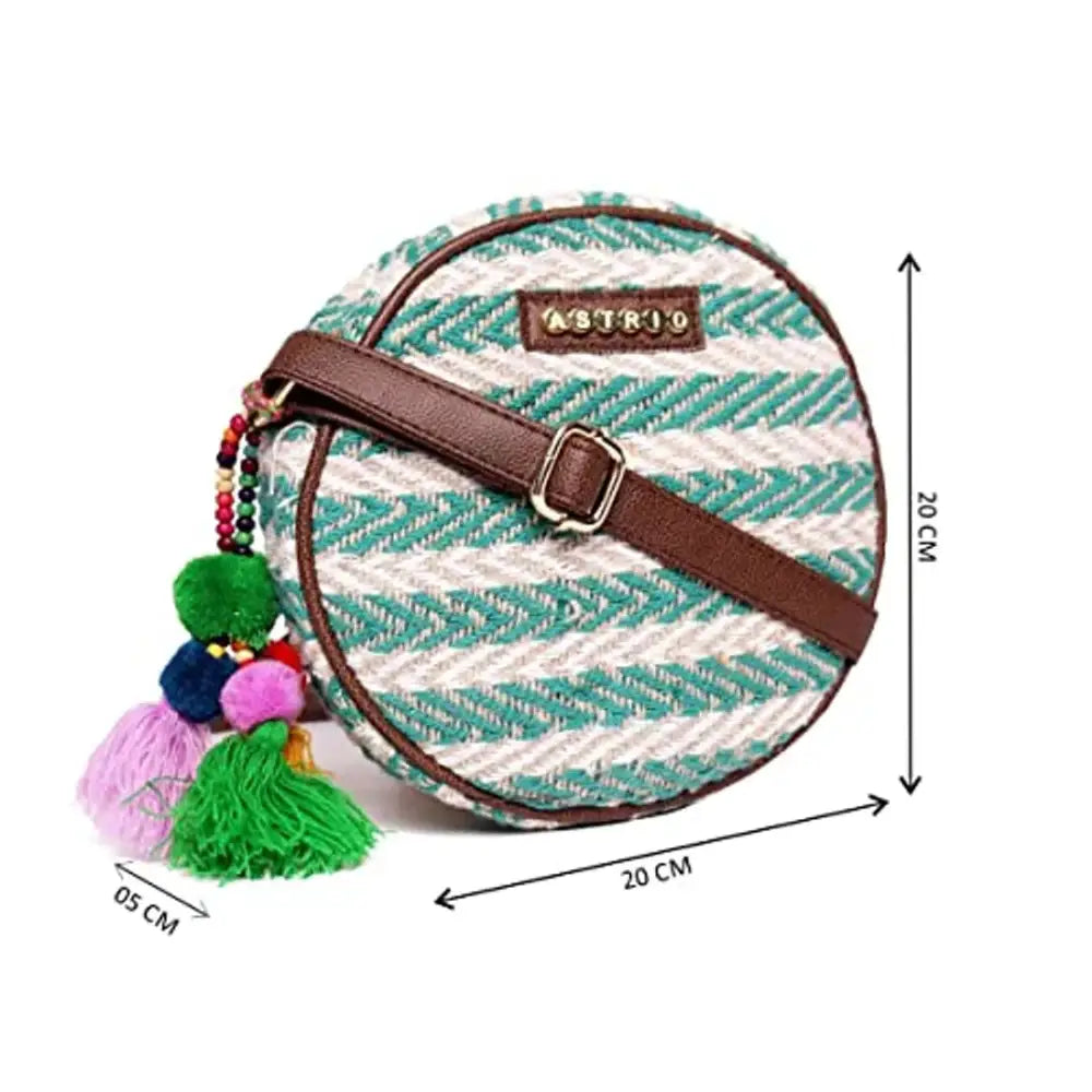 ASTRID Round Sling Bag With Pompoms For Girls And Women (green) 