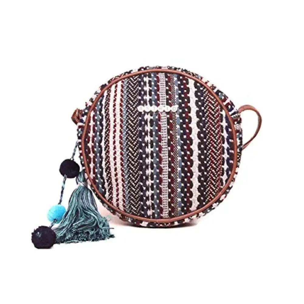 ASTRID Women's Round Sling Bag with Pompoms (Brown) 