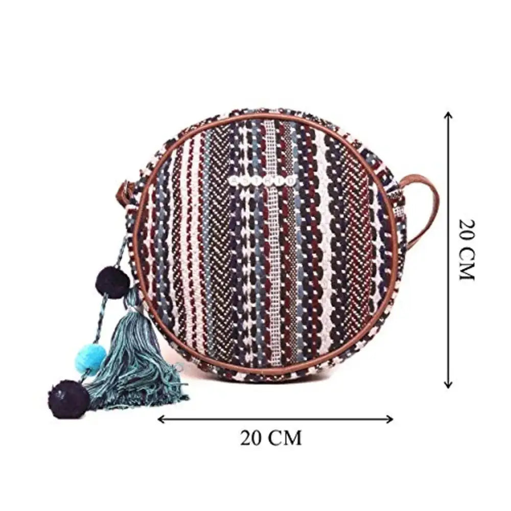 ASTRID Women's Round Sling Bag with Pompoms (Brown) 