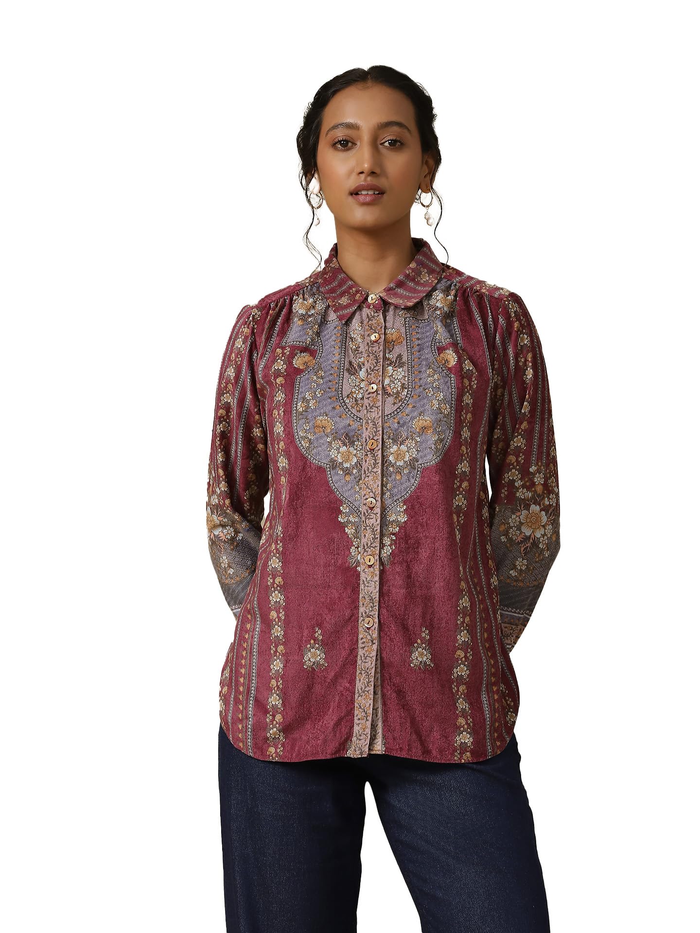 Aarke Ritu Kumar Prune Printed Velvet Shirt Purple 
