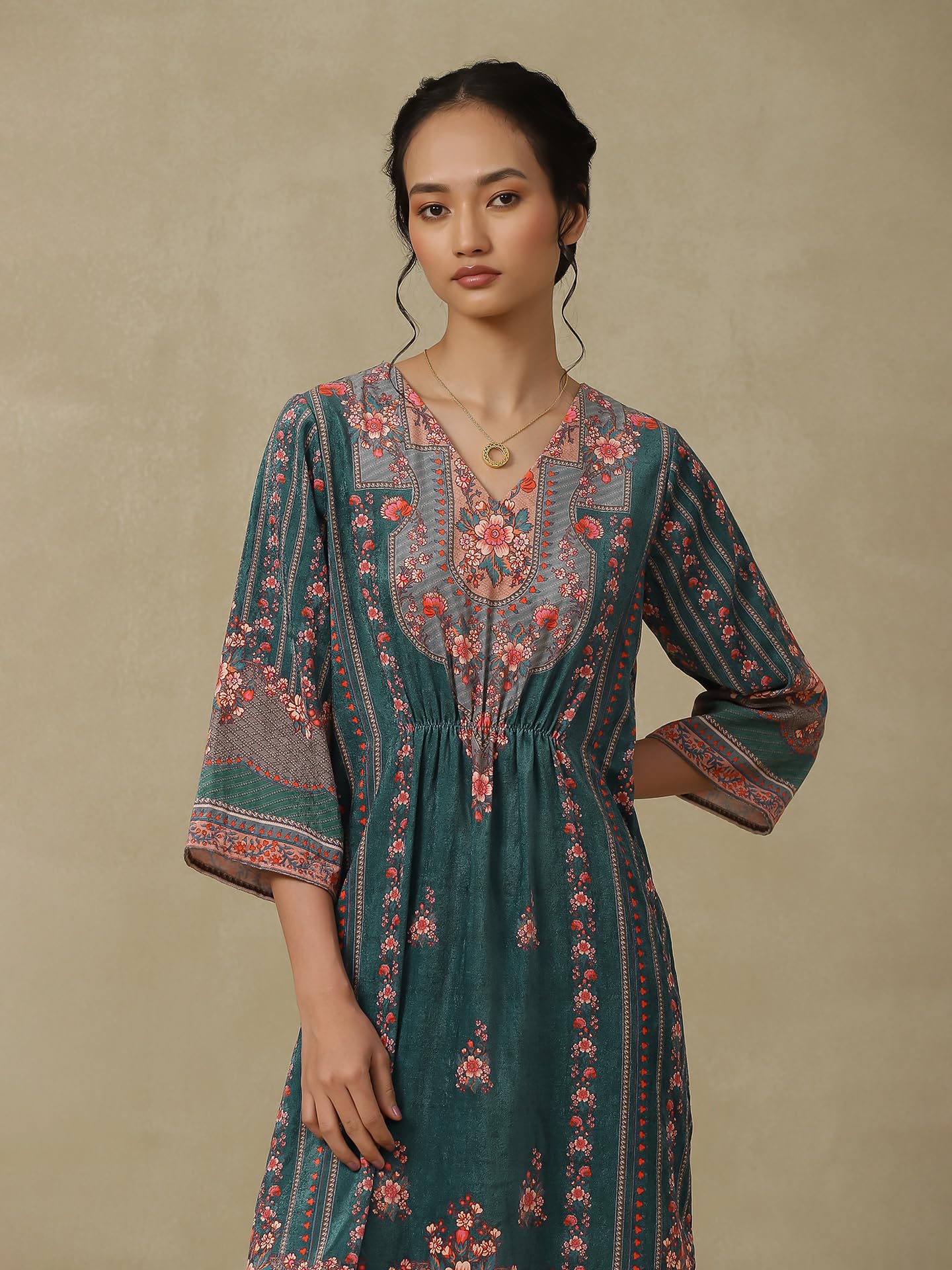 Aarke Ritu Kumar Teal Printed Kaftan Dress 