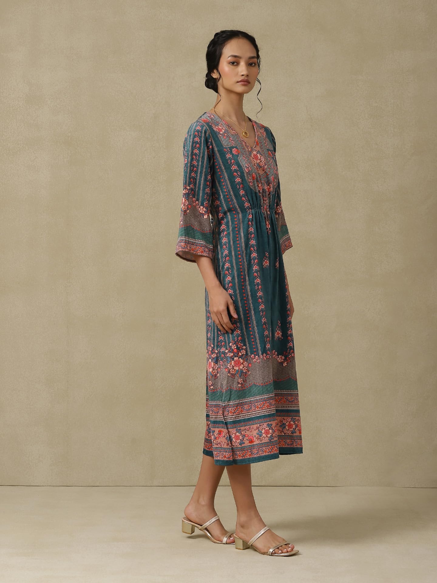 Aarke Ritu Kumar Teal Printed Kaftan Dress 