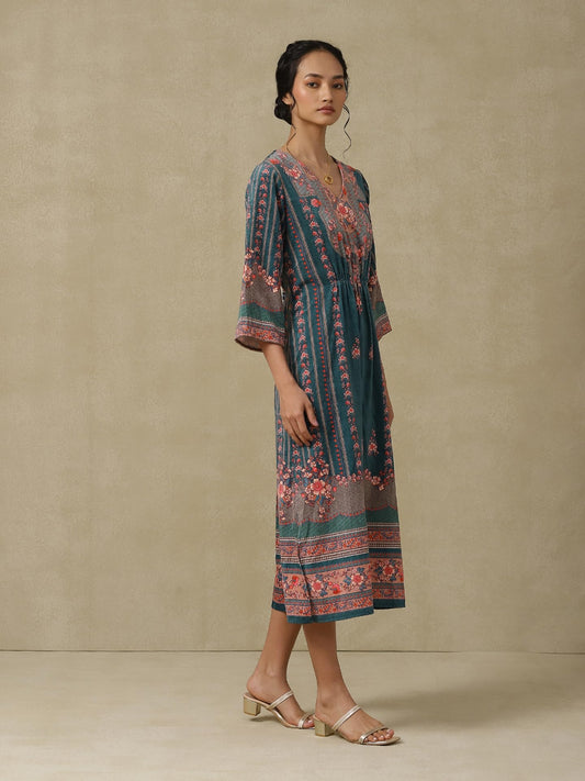 Aarke Ritu Kumar Teal Printed Kaftan Dress 