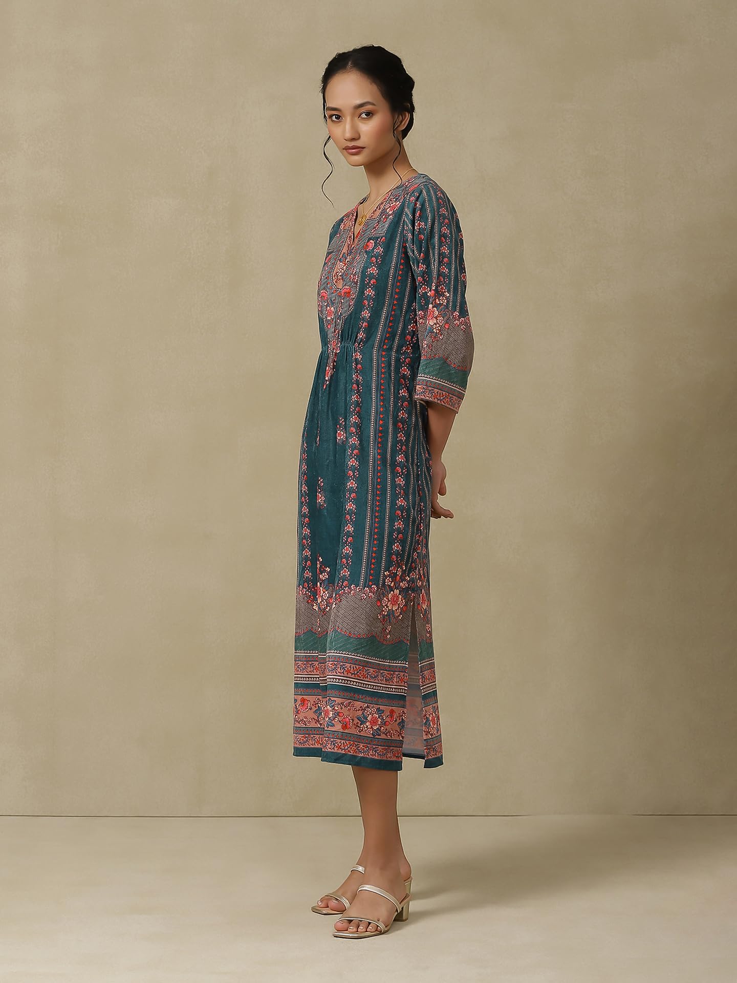 Aarke Ritu Kumar Teal Printed Kaftan Dress 