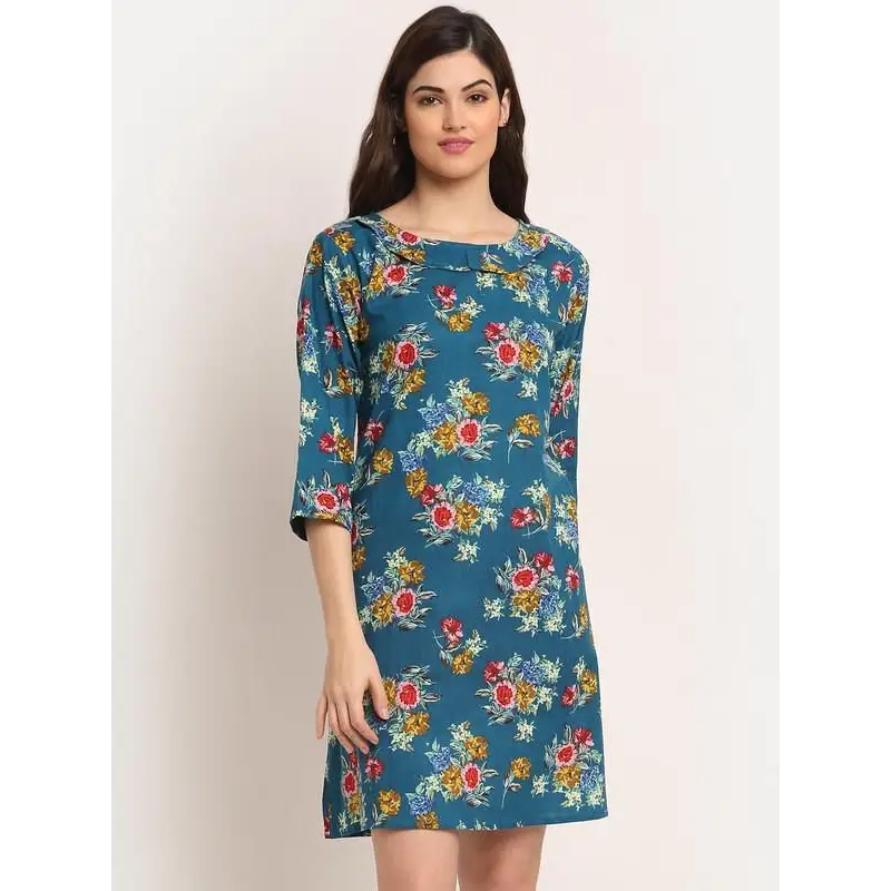 Aawari Rayon A-Line Blue J2 Printed Short Dress For Women's 