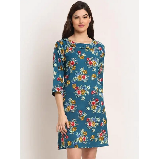 Aawari Rayon A-Line Blue J2 Printed Short Dress For Women's 