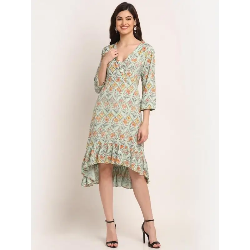 Aawari Rayon A-Line Green Rose Printed Short Dress For Women's 