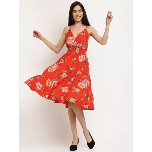 Aawari Rayon Red Jaal Printed Tayer Short Dress For Women's 