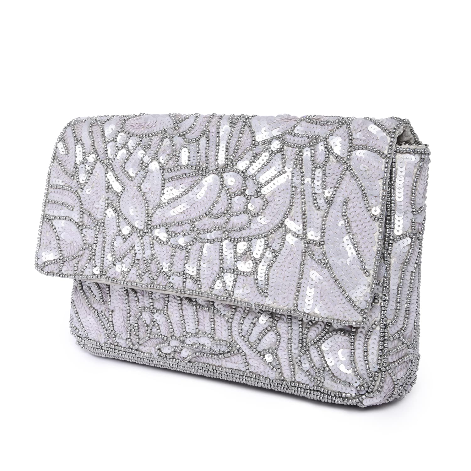 Accessorize London Women's Faux Leather Silver Sequin Floral Clutch 