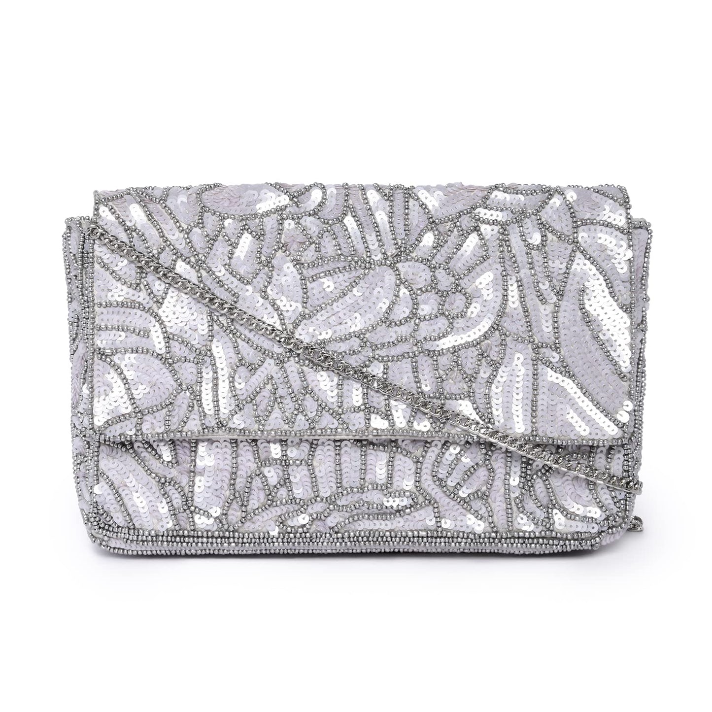 Accessorize London Women's Faux Leather Silver Sequin Floral Clutch 