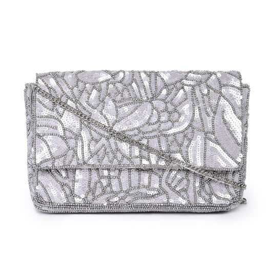 Accessorize London Women's Faux Leather Silver Sequin Floral Clutch 